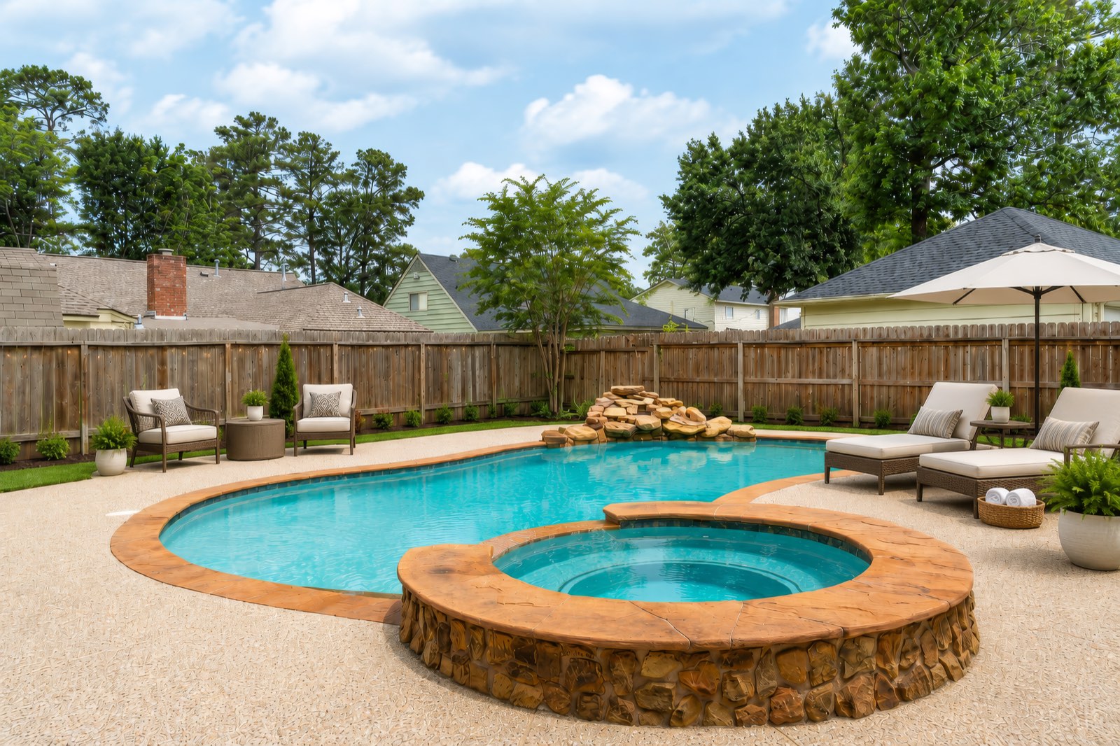 Backyard pool and spa staged with outdoor furniture, Houston TX