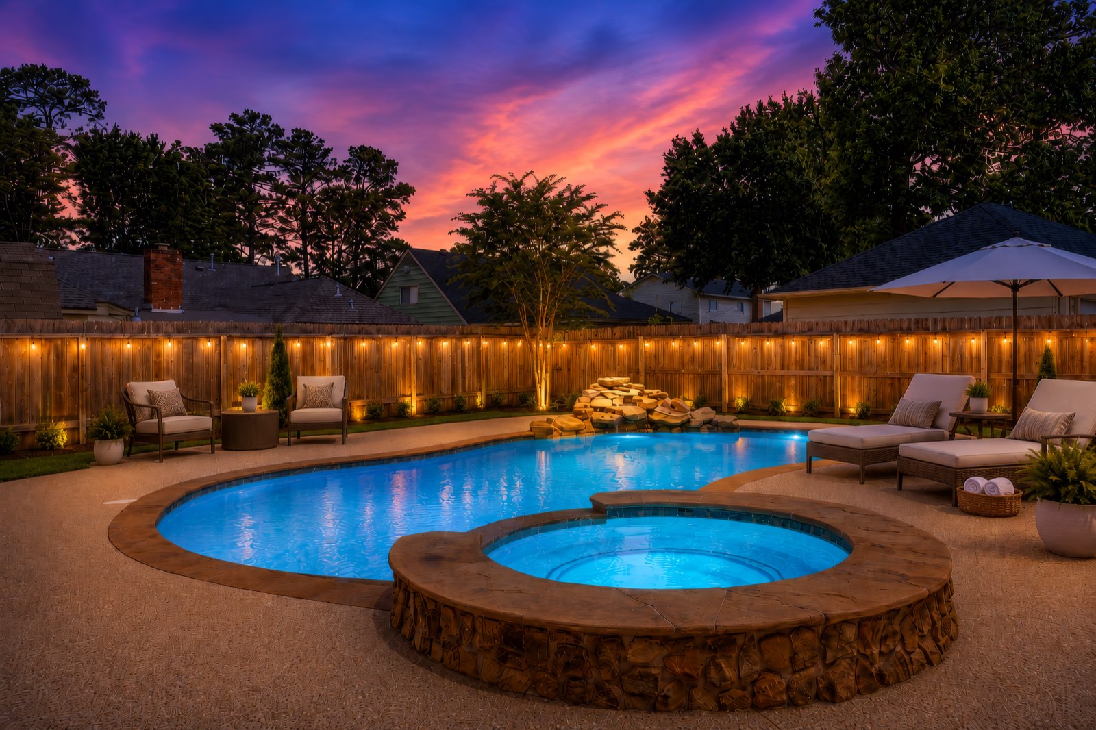 Backyard pool virtually staged with loungers and umbrella under a vivid twilight sky